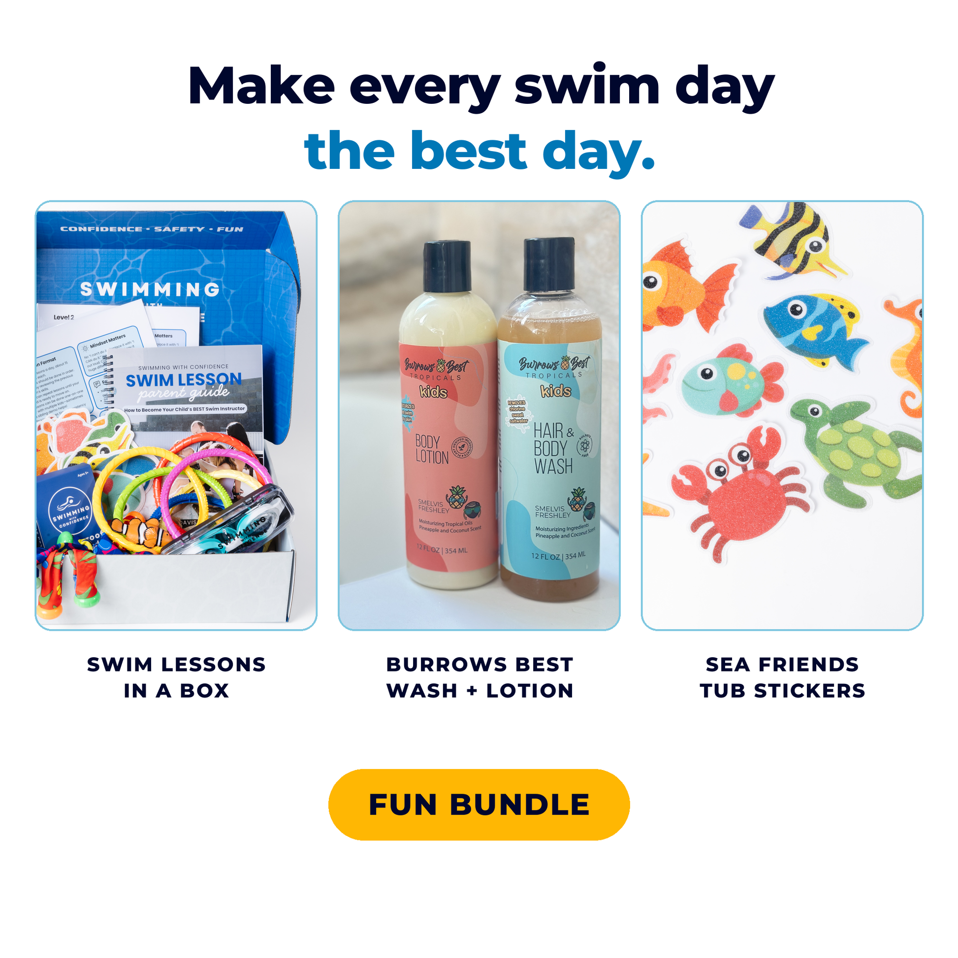 Promotional graphic for a swim-themed product bundle on a white background. Text at the top reads 'Make every swim day the best day.