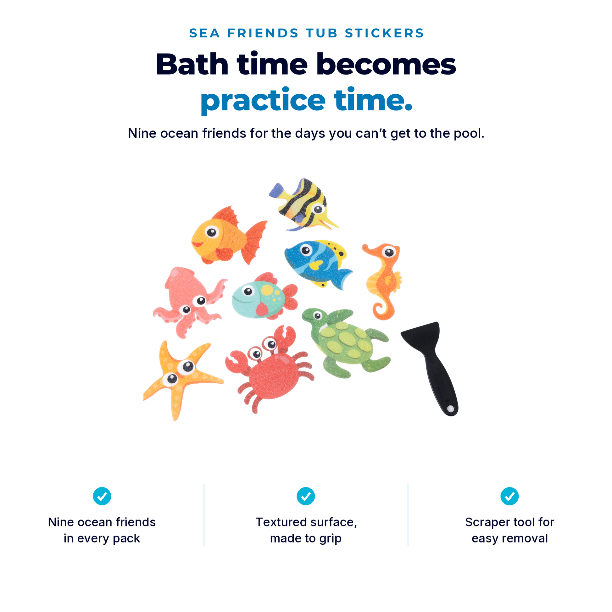 Promotional graphic for Sea Friends tub stickers showing a set of colorful ocean-themed stickers and a black scraper tool on a white background, with text describing the nine ocean friends, textured grip, and scraper tool.