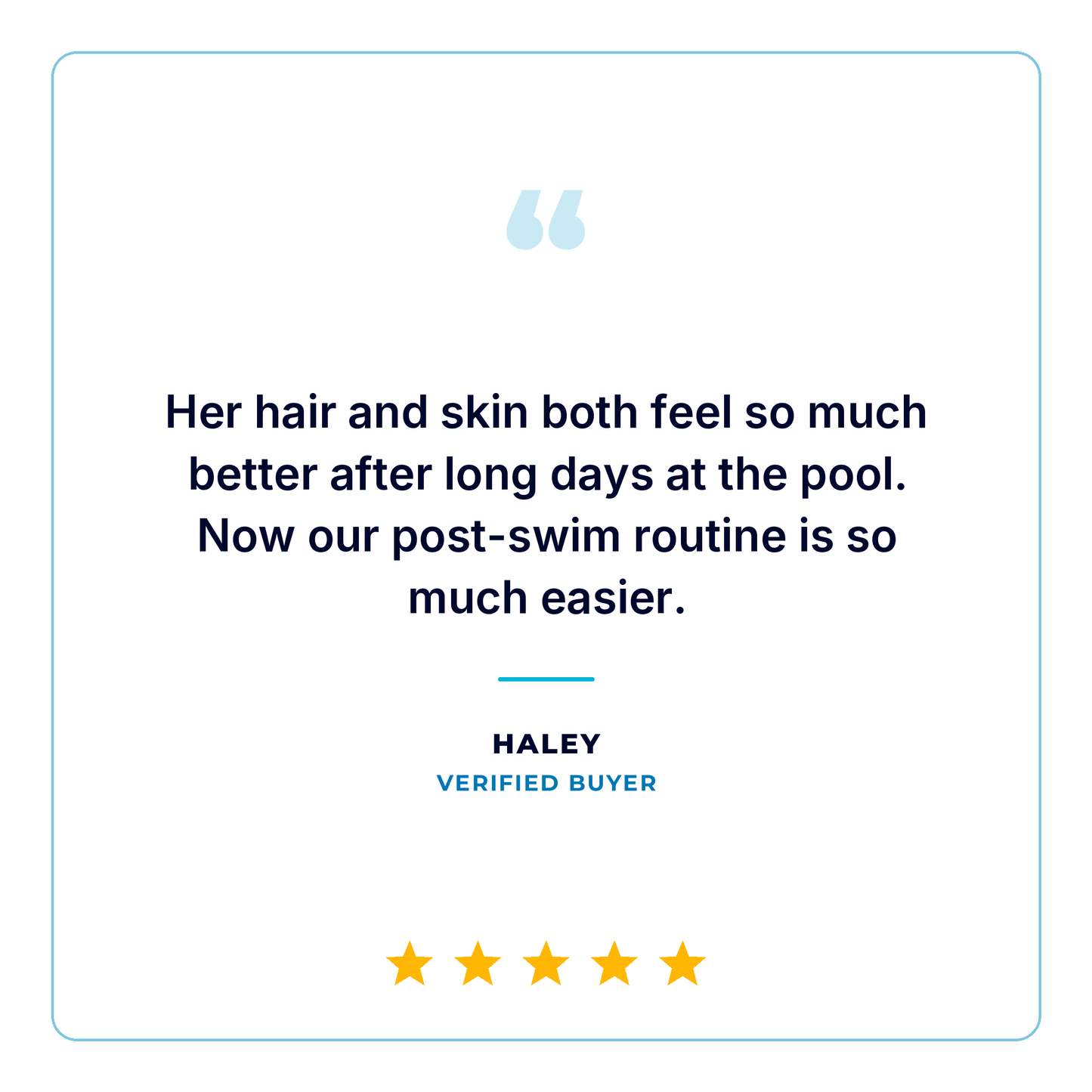 A testimonial-style graphic with a white background, a light blue border, and a quote from Haley that says her hair and skin feel better after long days at the pool. Below the quote are five yellow stars and the text 'HALEY' and 'VERIFIED BUYER'.