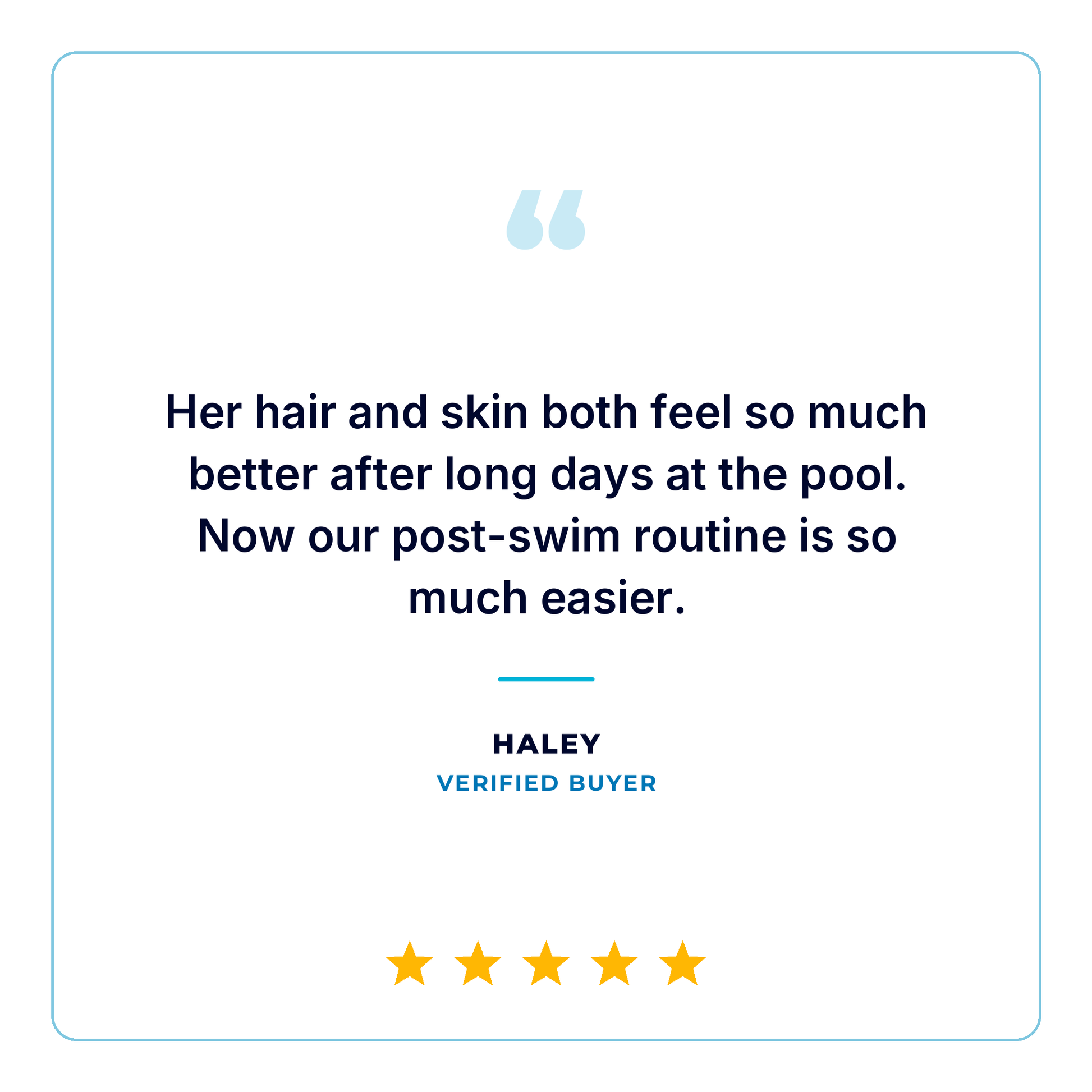 A testimonial-style graphic with a white background, a light blue border, and a quote from Haley that says her hair and skin feel better after long days at the pool. Below the quote are five yellow stars and the text 'HALEY' and 'VERIFIED BUYER'.
