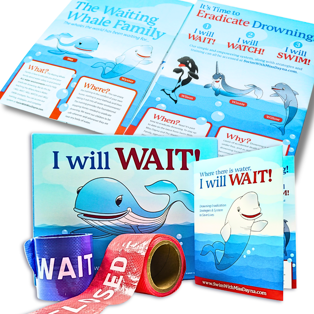  'I will WAIT!' water safety educational kit, featuring a large blue whale poster, a smaller whale poster, a booklet, and two rolled up bands in blue and red with white lettering, all arranged on a white background.