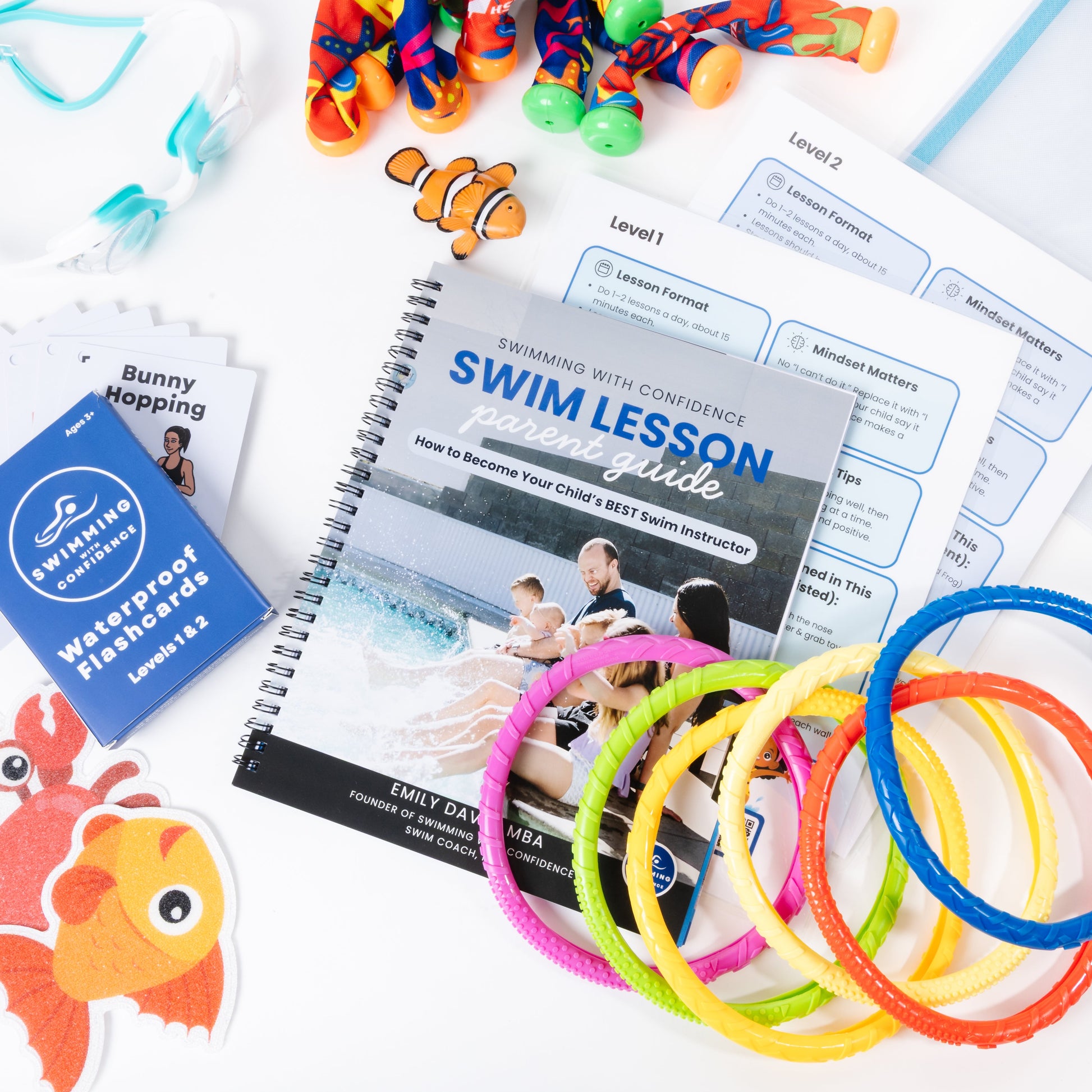 Swimming lesson guide with colorful swim rings and related items on a white background