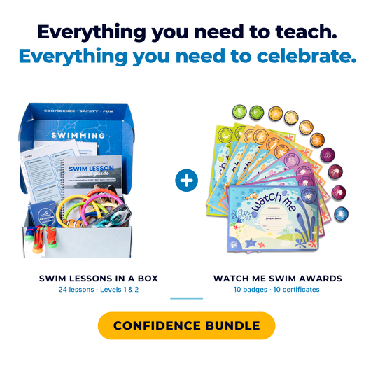 Confidence Bundle package featuring an open blue 'Swimming Lessons in a Box' filled with lesson materials and swim bands, alongside a fan of colorful 'Watch Me Swim Awards' badges and certificates, on a white background with promotional text and a yellow button.