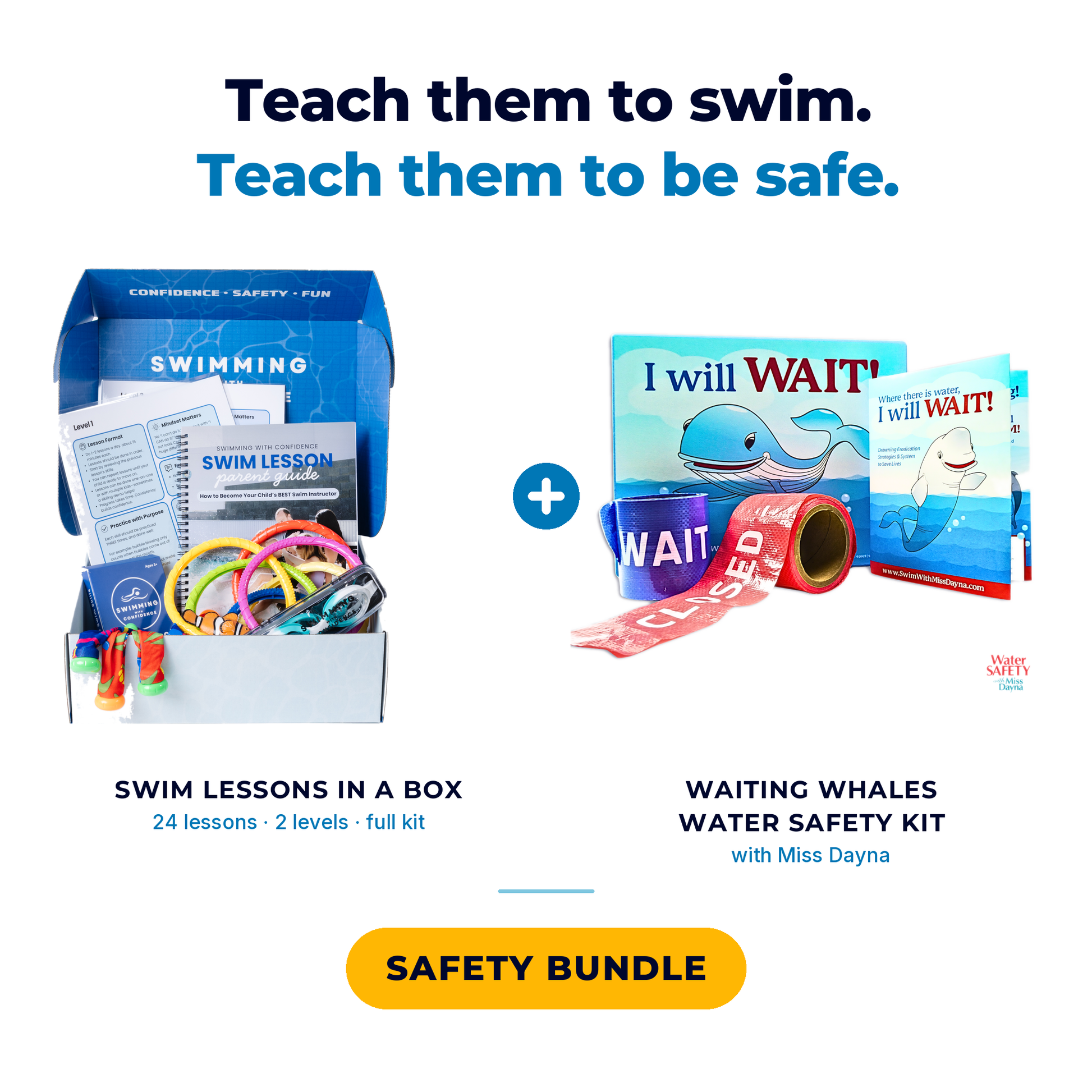 Promotional graphic for a swim safety bundle, showing an open blue 'Swimming' lesson box with lesson materials and colorful swim accessories on the left, and a 'Waiting Whales Water Safety Kit' with blue 'WAIT' signs and a red tape roll on the right. Large text reads 'Teach them to swim.