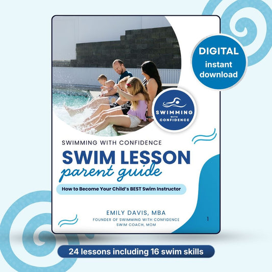 Cover of the Swim Lesson Parent Guide digital download, with 24 lessons including 16 swim skills