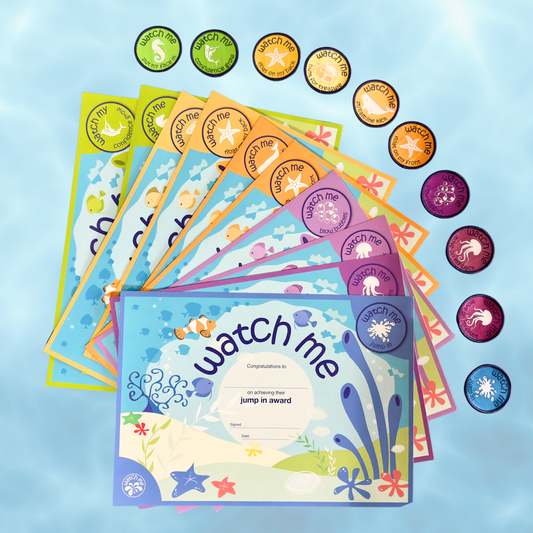 10 watch me swim award patches and certificates, fanned out