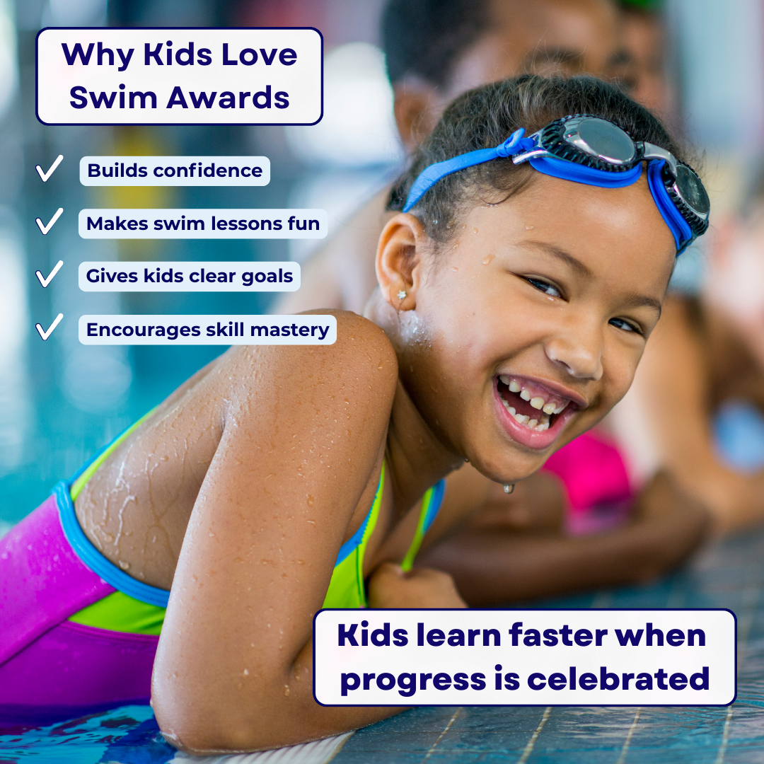 kid smiling on pool deck wearing goggles 